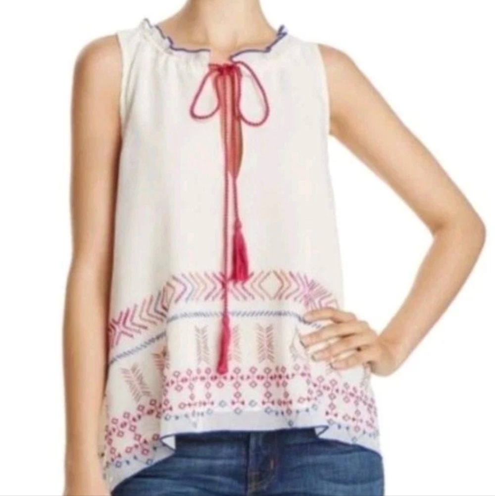 Banjara Tassel Tie Front Embroidered Top Med Sheer Natural 2 Layer Chiffon Nwt